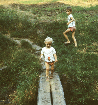 Dwoje dzieci nad kanałkiem. Starsze z nich idzie po trawie, młodsze wchodzi na drewnianą kładkę. Link do wyników wyszukiwania z hasłem spacer