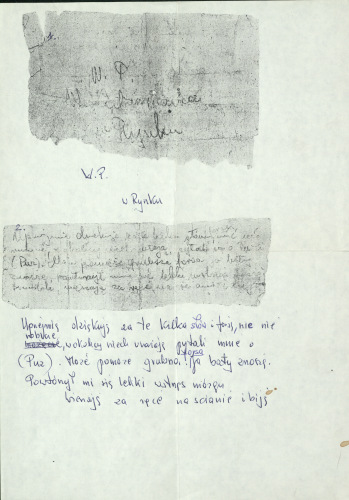 Ręcznie napisana notatka, której tekst jest prawie wyblakły u góry i mniej wyblakły u dołu, umieszczona na tle białego papieru.