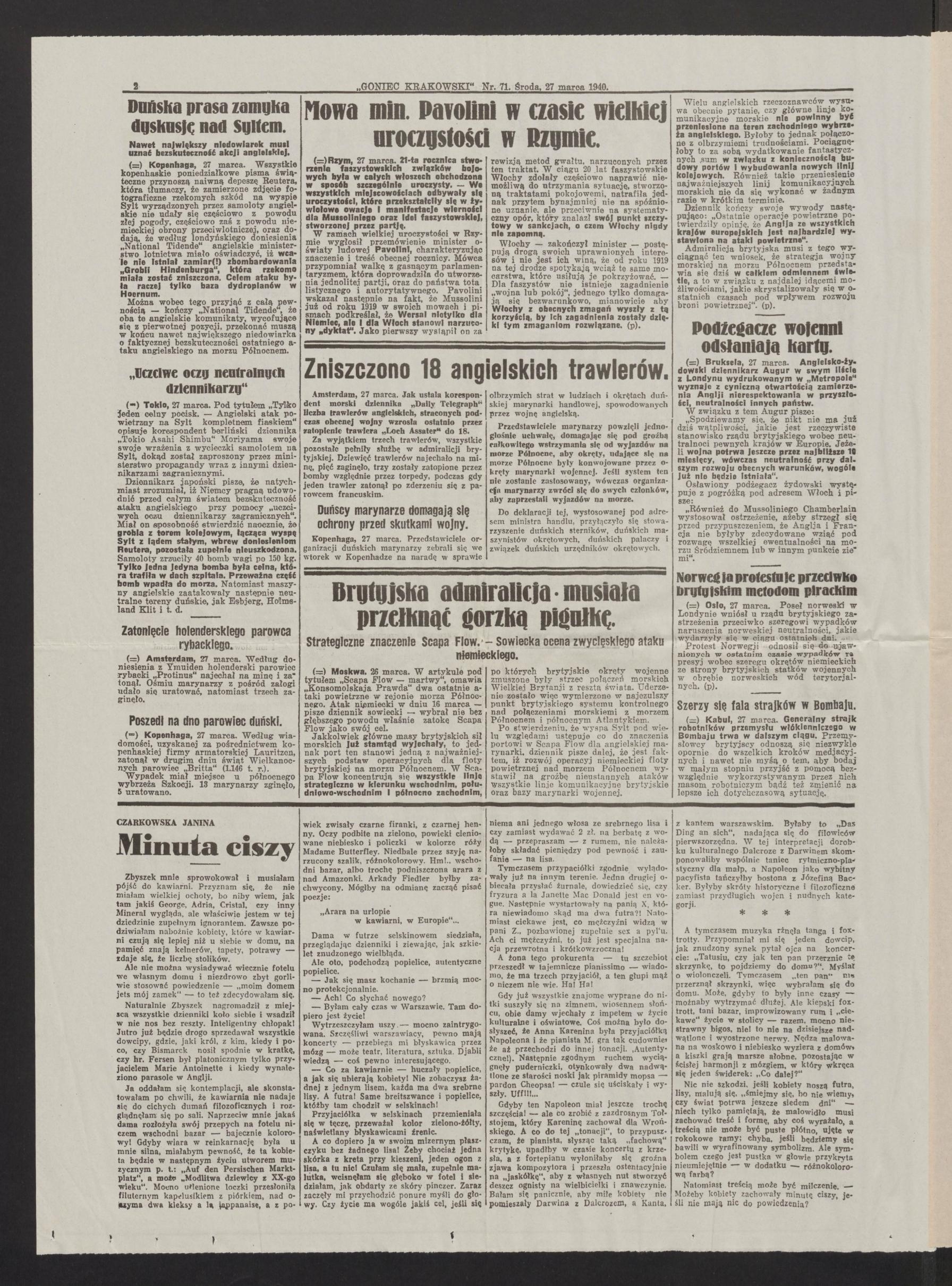 Pierwsza strona gazety z czarno-białym tekstem.