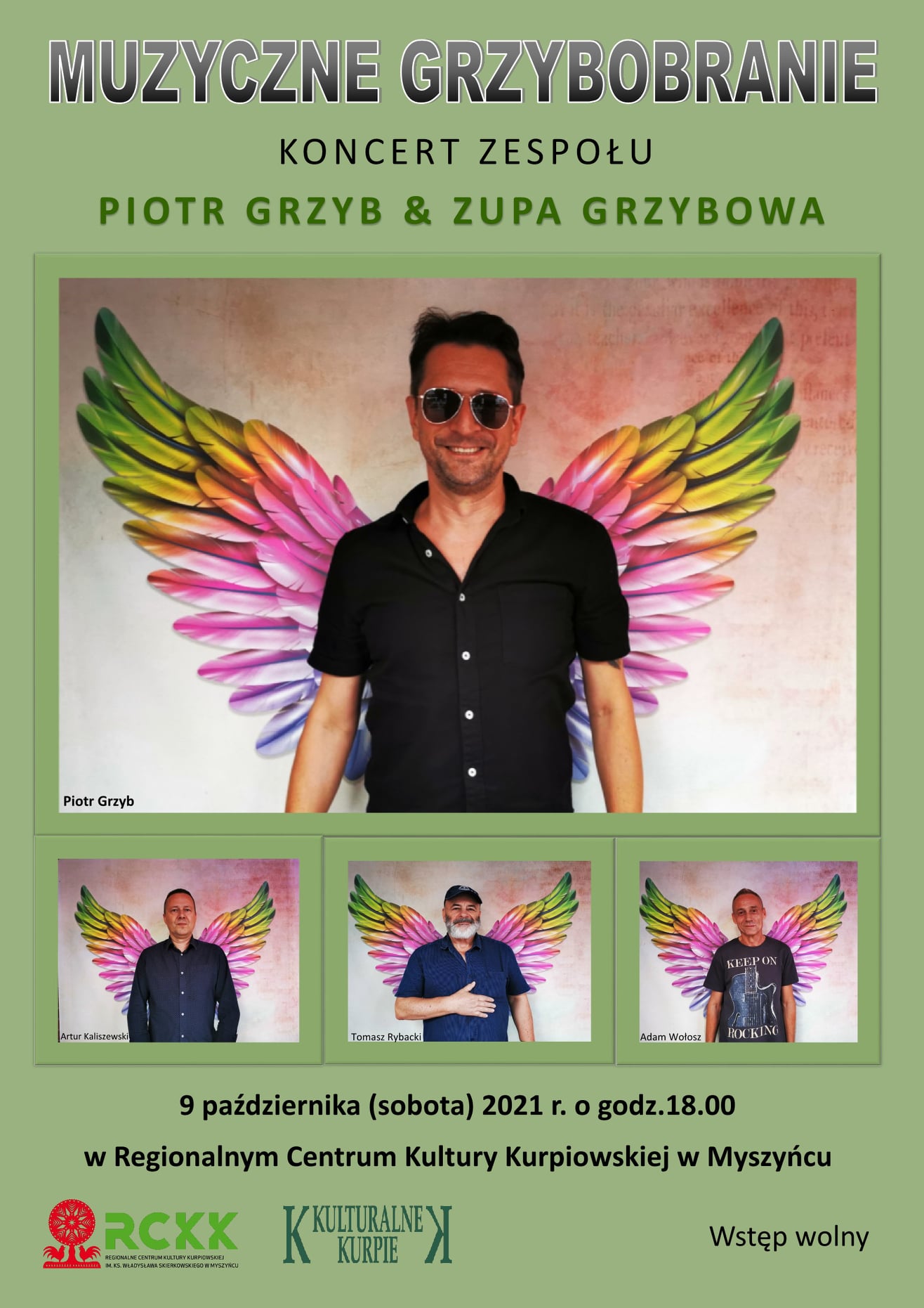 Plakat koncertowy do „Muzyczne Grzybobranie” z udziałem Piotra Grzyba i Zupy Grzybowej, ze zdjęciami członków zespołu na tle kolorowych skrzydeł. Szczegóły wydarzenia na dole.