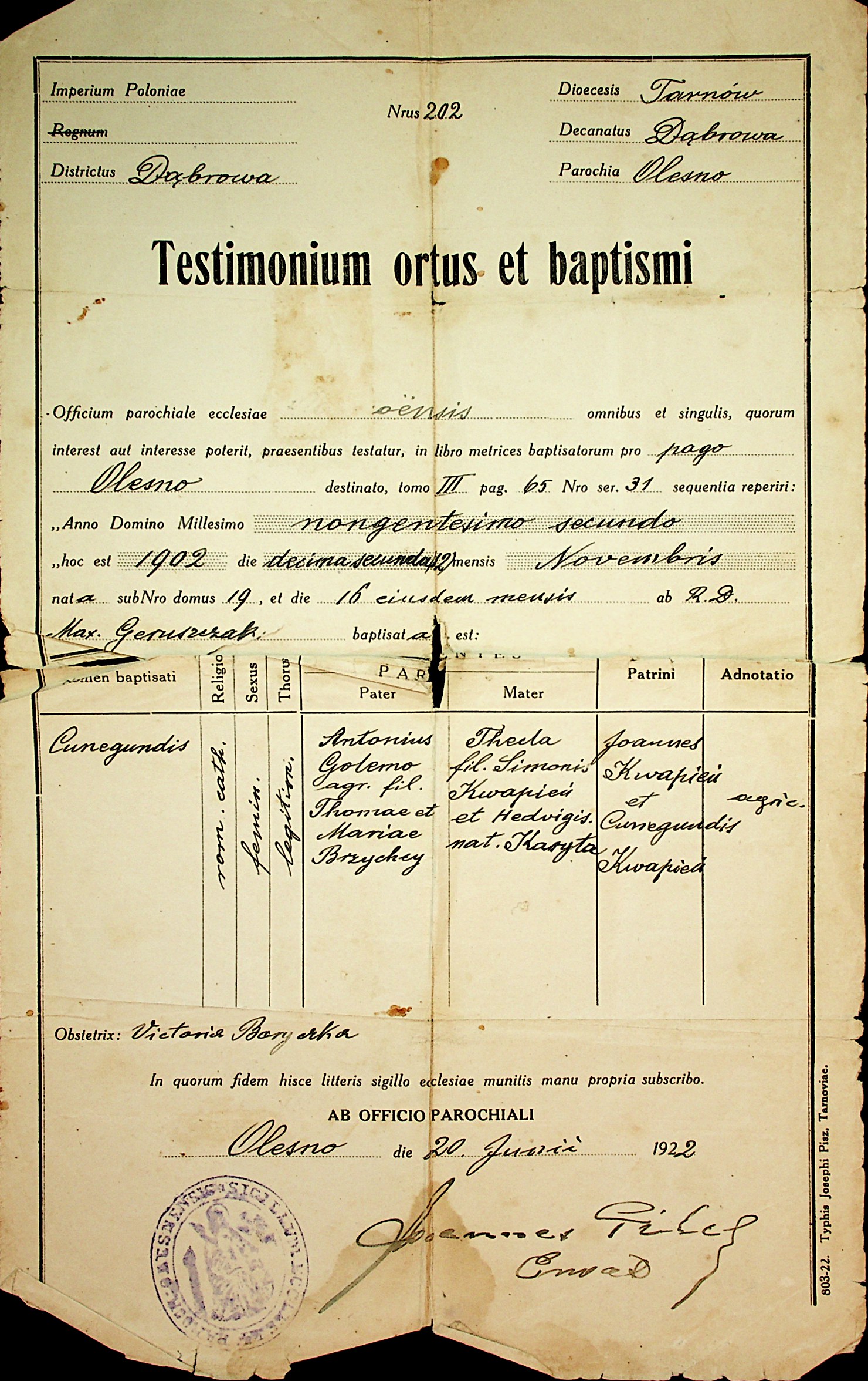 Dokument ze słowami testimonium orus et baptism.