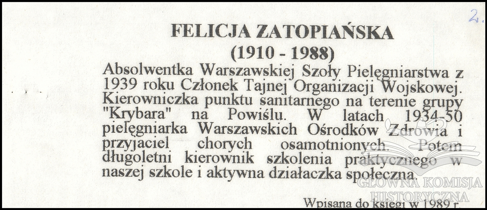 Dokument z nazwiskiem Felicji Zapolanskiej.