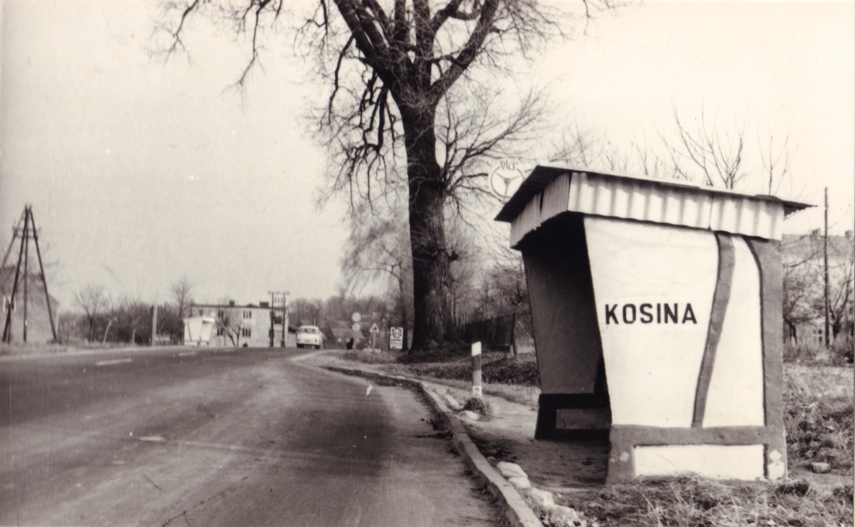 Czarno-białe zdjęcie przystanku autobusowego przy drodze z napisem „KOSINA”. W pobliżu stoi drzewo, a w tle widać budynki i samochód.