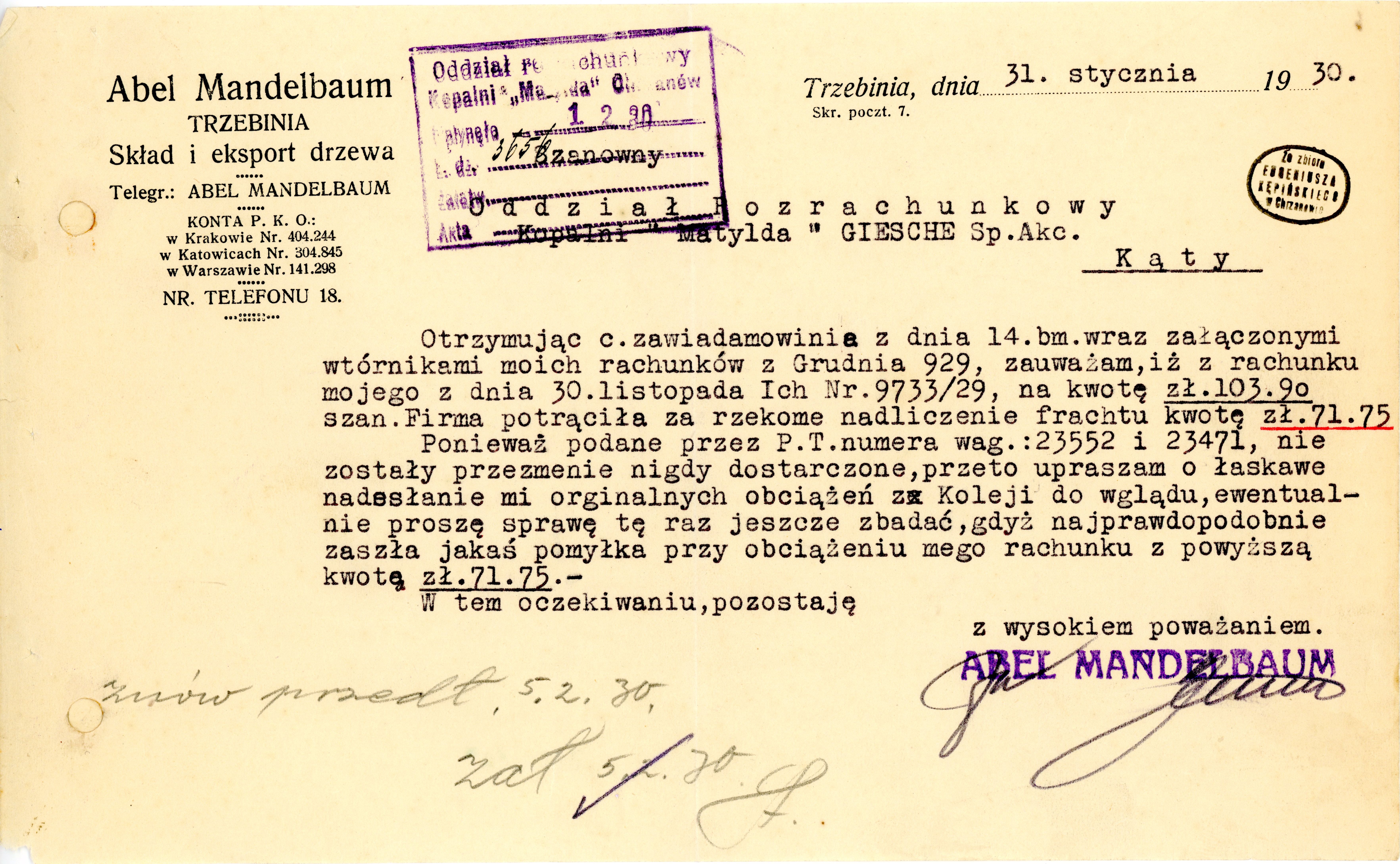 Maszynopis polskiego listu z 1930 r. od Abla Mandeblauma. Zawiera dane bankowe, ostemplowane sekcje oraz ręcznie pisane notatki i podpisy niebieskim i czerwonym atramentem.