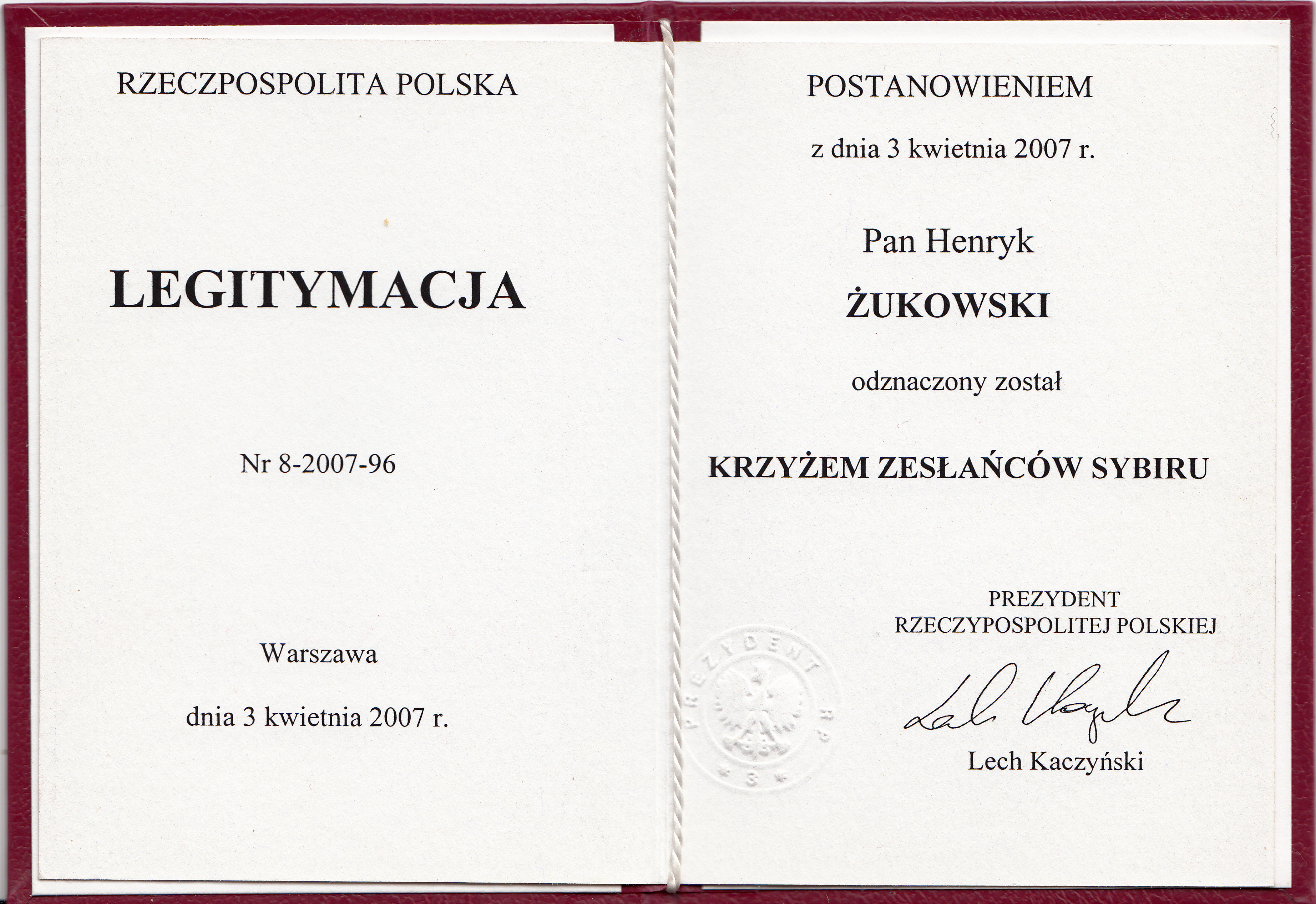 Certyfikat z imieniem Lewimii Zwizek.