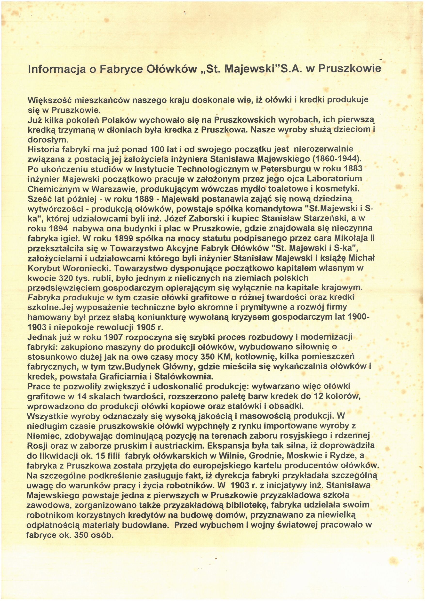 Dokument zawierający szczegółowe informacje na temat Fabryki Ołówków St. Majewski w Pruszkowie, podkreślający jej tło historyczne i znaczenie produktu w Polsce.