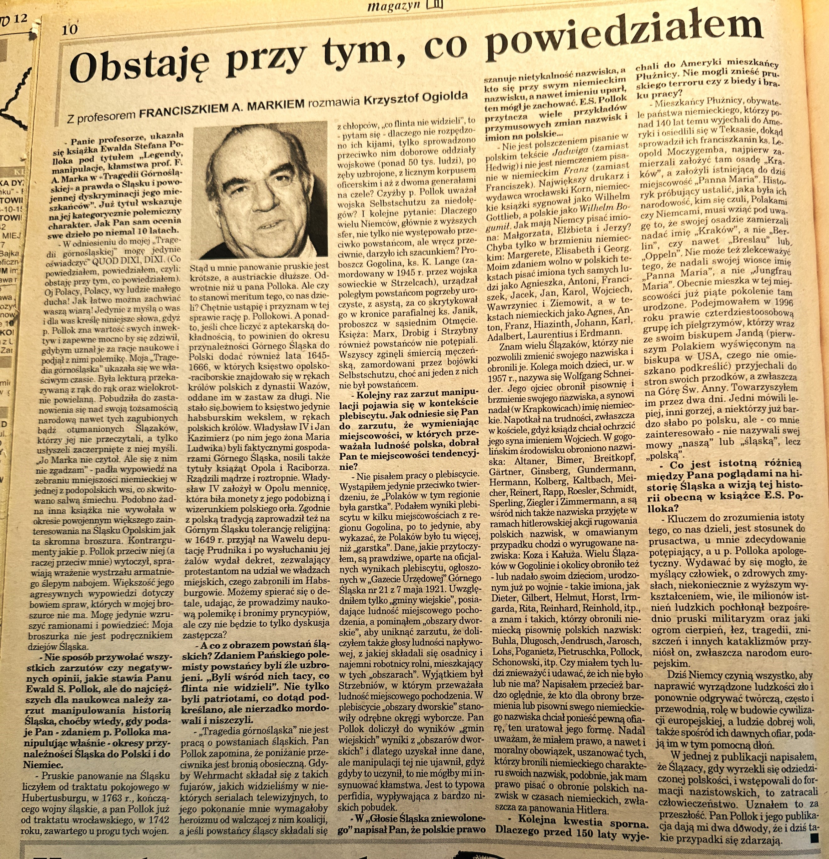 Artykuł w gazecie po polsku z dużym tytułem i czarno-białym zdjęciem osoby. Tekst obejmuje wiele kolumn.
