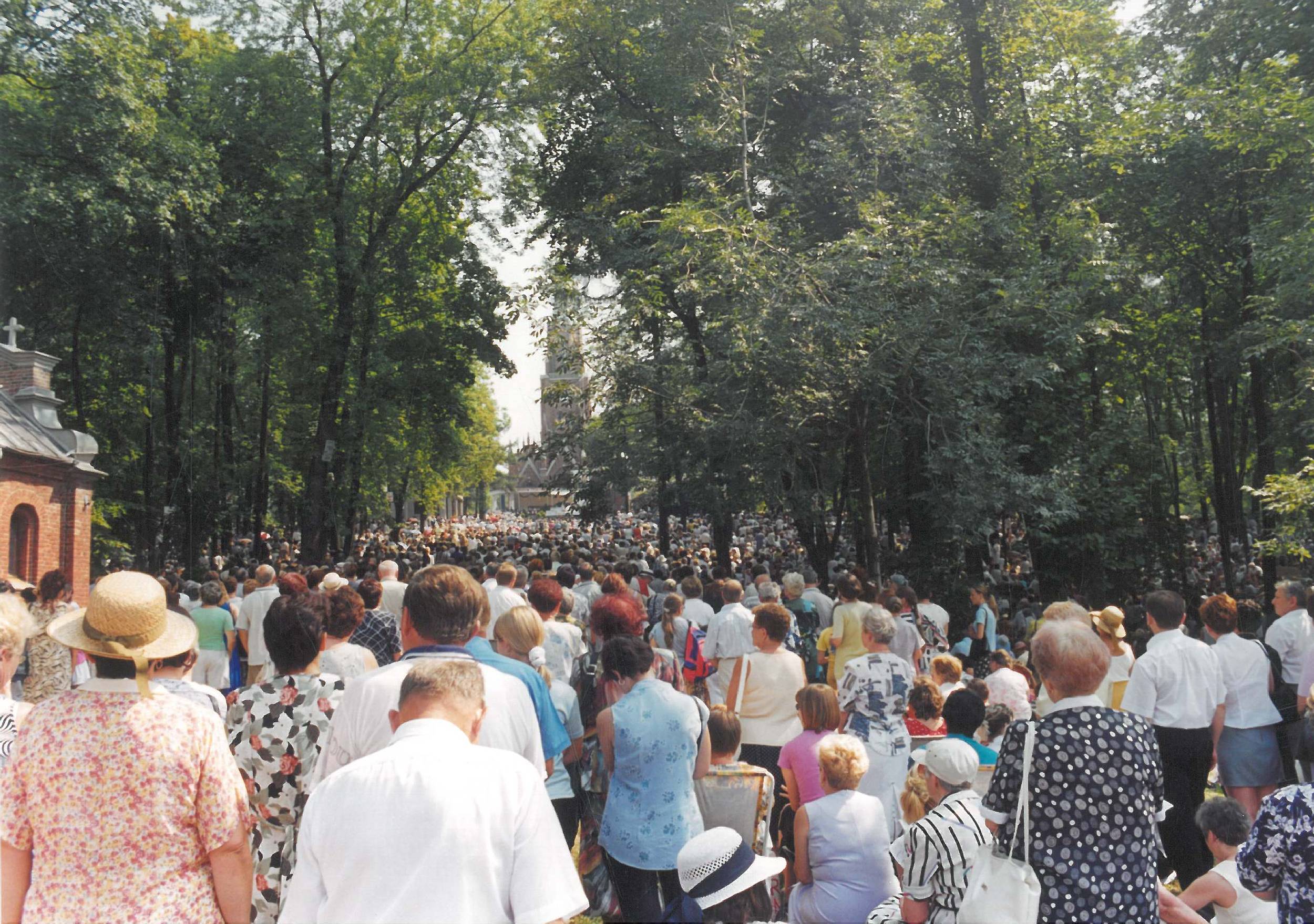 Duży tłum zebrał się na zewnątrz, w zalesionym terenie, odwrócony tyłem do kamery w słoneczny dzień.