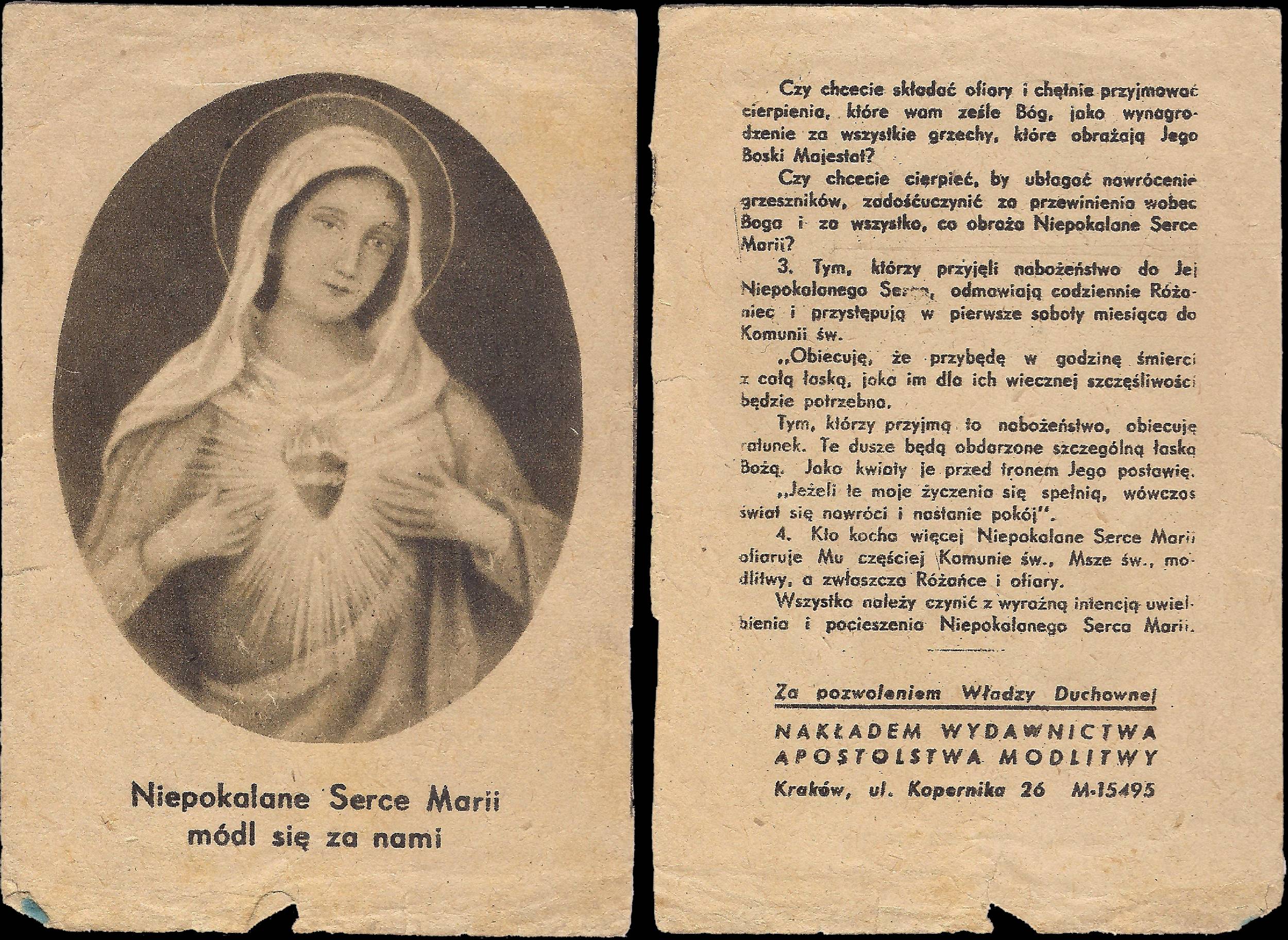 Stara katolicka kartka modlitewna z wizerunkiem Niepokalanego Serca Maryi po lewej stronie i modlitwami w języku polskim po prawej stronie.