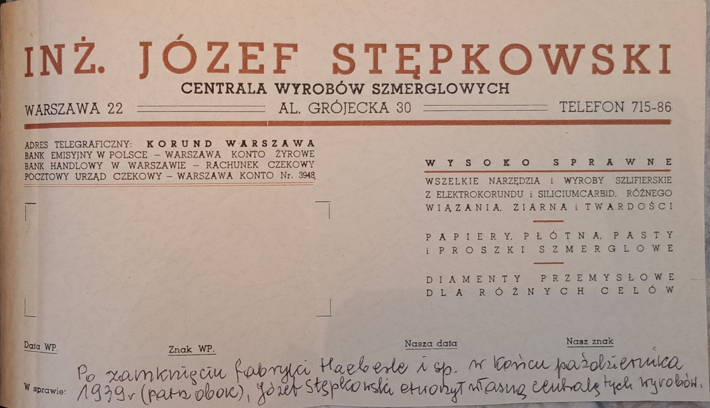 Stary papier firmowy dla Inż. Józefa Stępkowskiego z adresami w Warszawie. Na dole odręczna notatka po polsku.