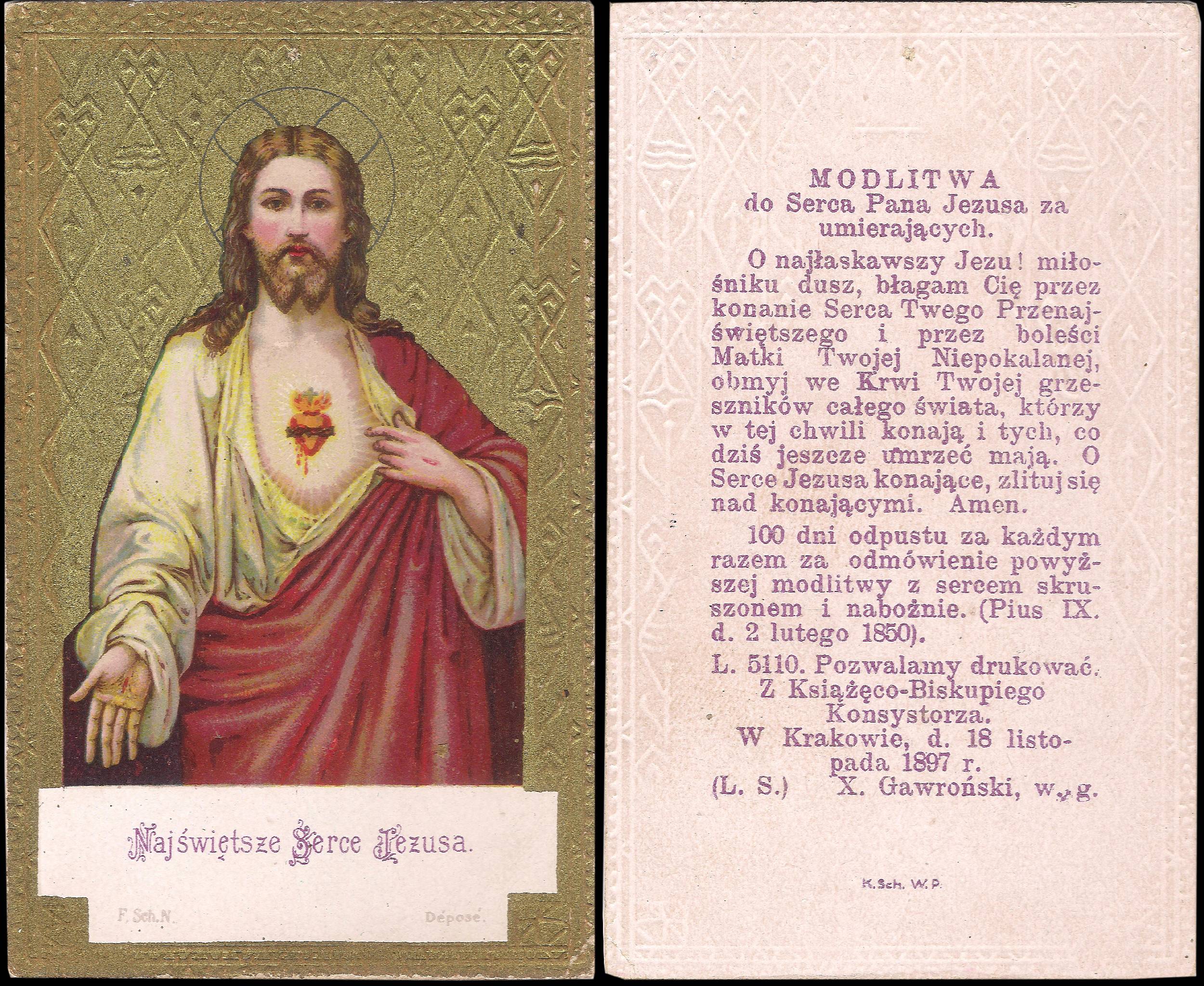 Karta religijna przedstawiająca Jezusa z odsłoniętym sercem po lewej stronie i modlitwą w języku polskim po prawej stronie.