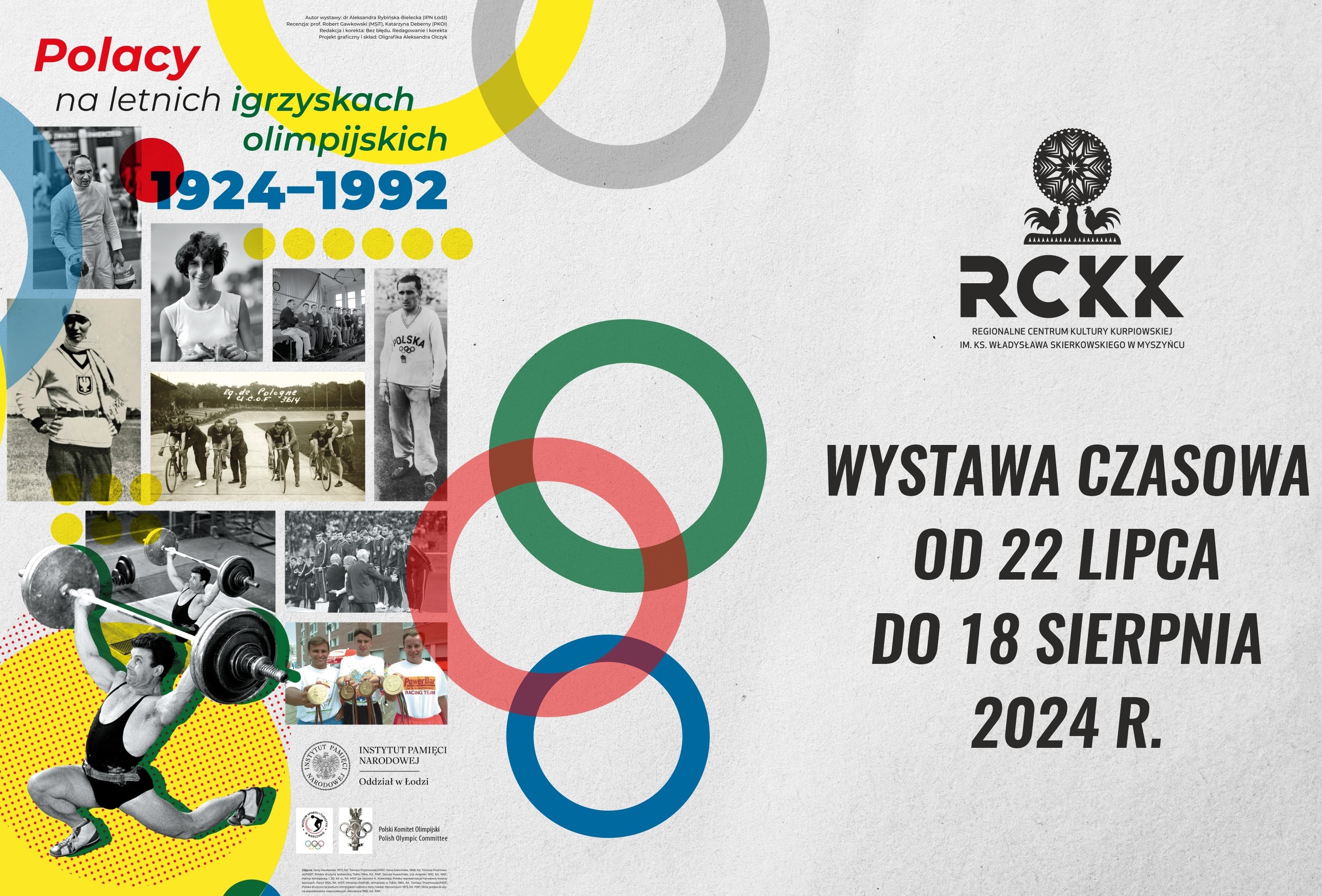 Plakat do wystawy czasowej o polskich sportowcach na Letnich Igrzyskach Olimpijskich w latach 1924–1992, która odbędzie się od 22 lipca do 18 sierpnia 2024 r., z historycznymi zdjęciami i kolorowymi, okrągłymi wzorami.