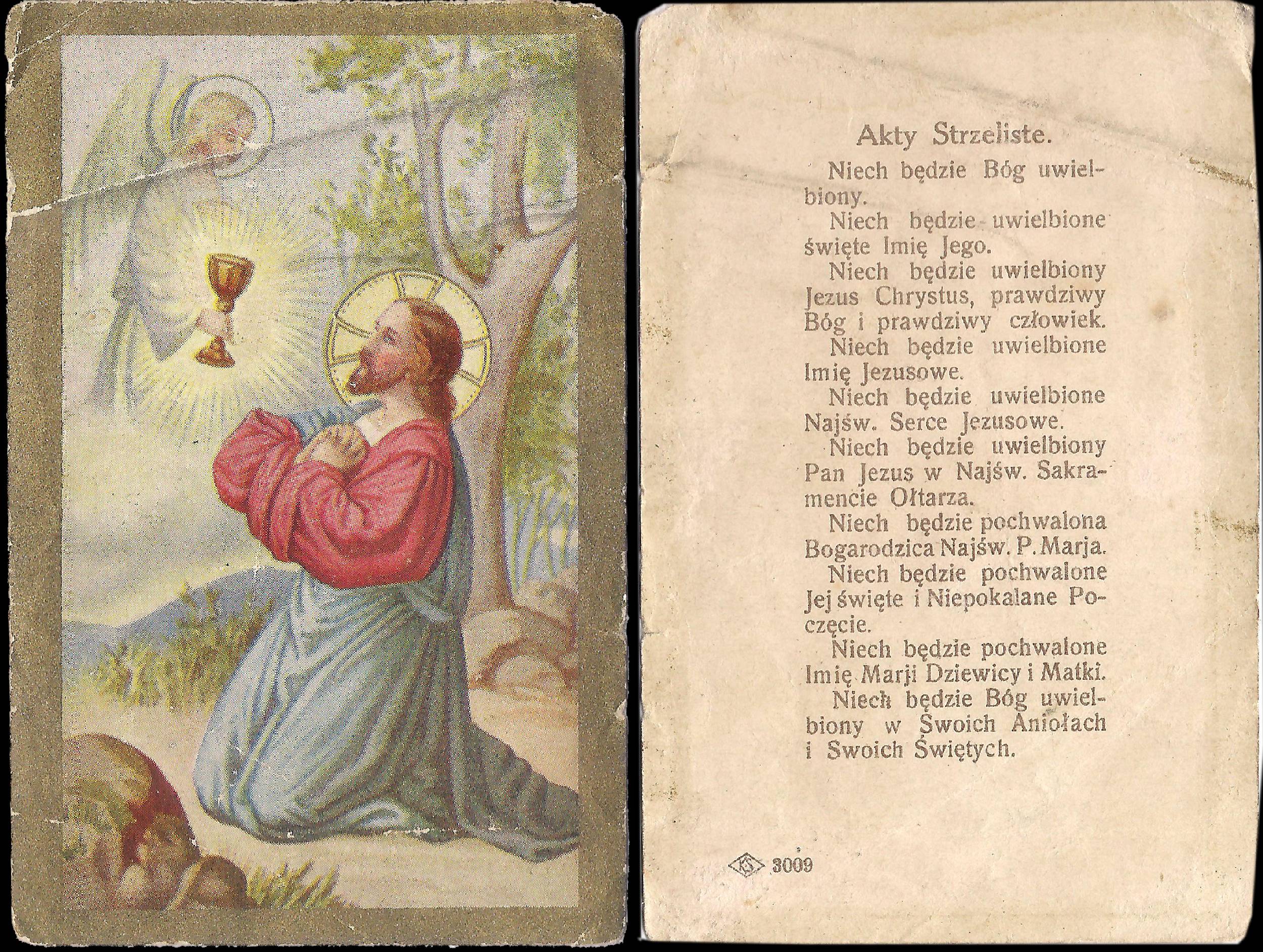 Religijna ilustracja przedstawia klęczącą postać otrzymującą boskie światło z kielichem na niebie. Tekst w języku polskim jest wyświetlany po prawej stronie.