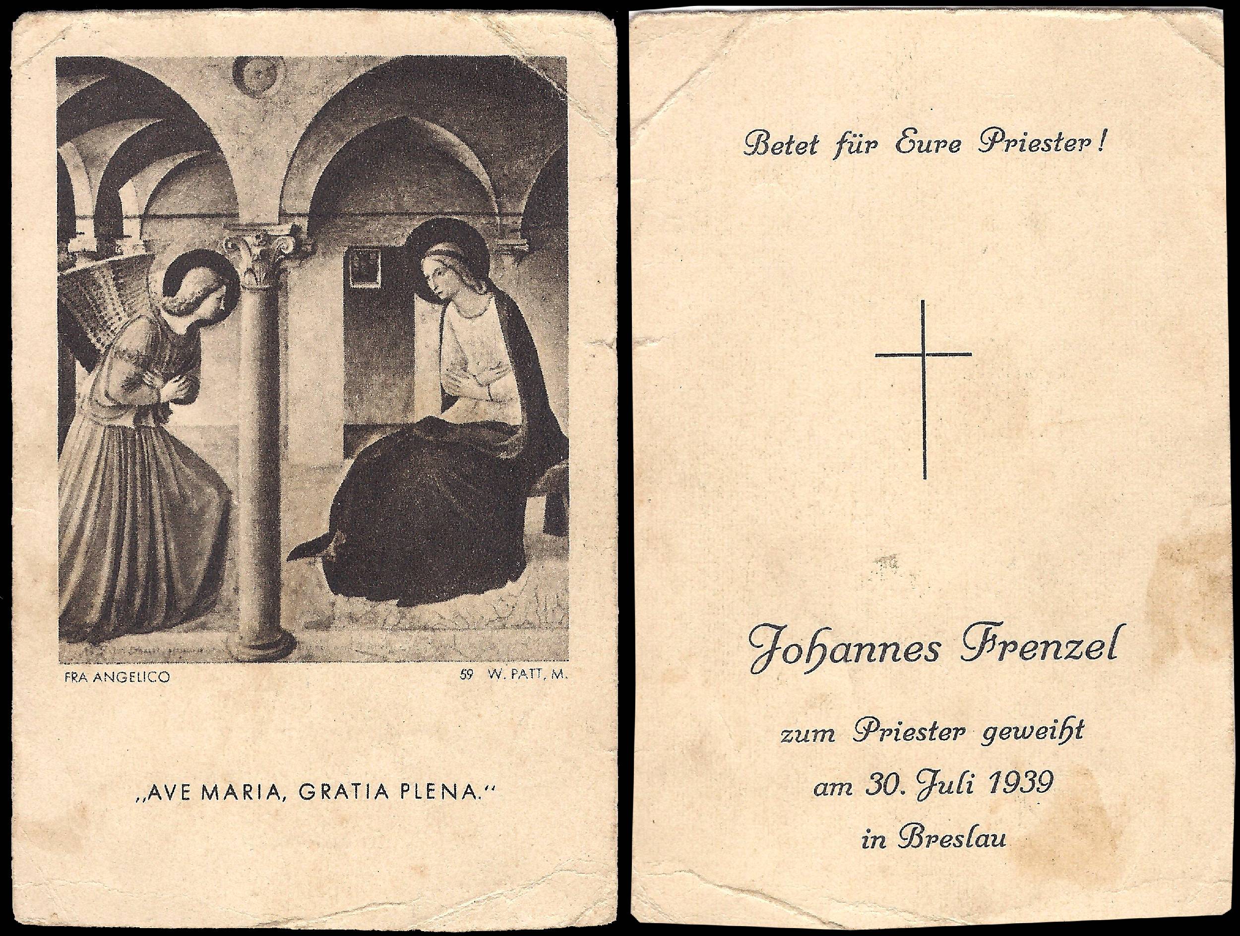 Karta religijna z ilustracją Zwiastowania po lewej stronie, a po prawej modlitwą i informacją o święceniach kapłańskich Johannesa Frenzla 30 lipca 1939 r. we Wrocławiu.