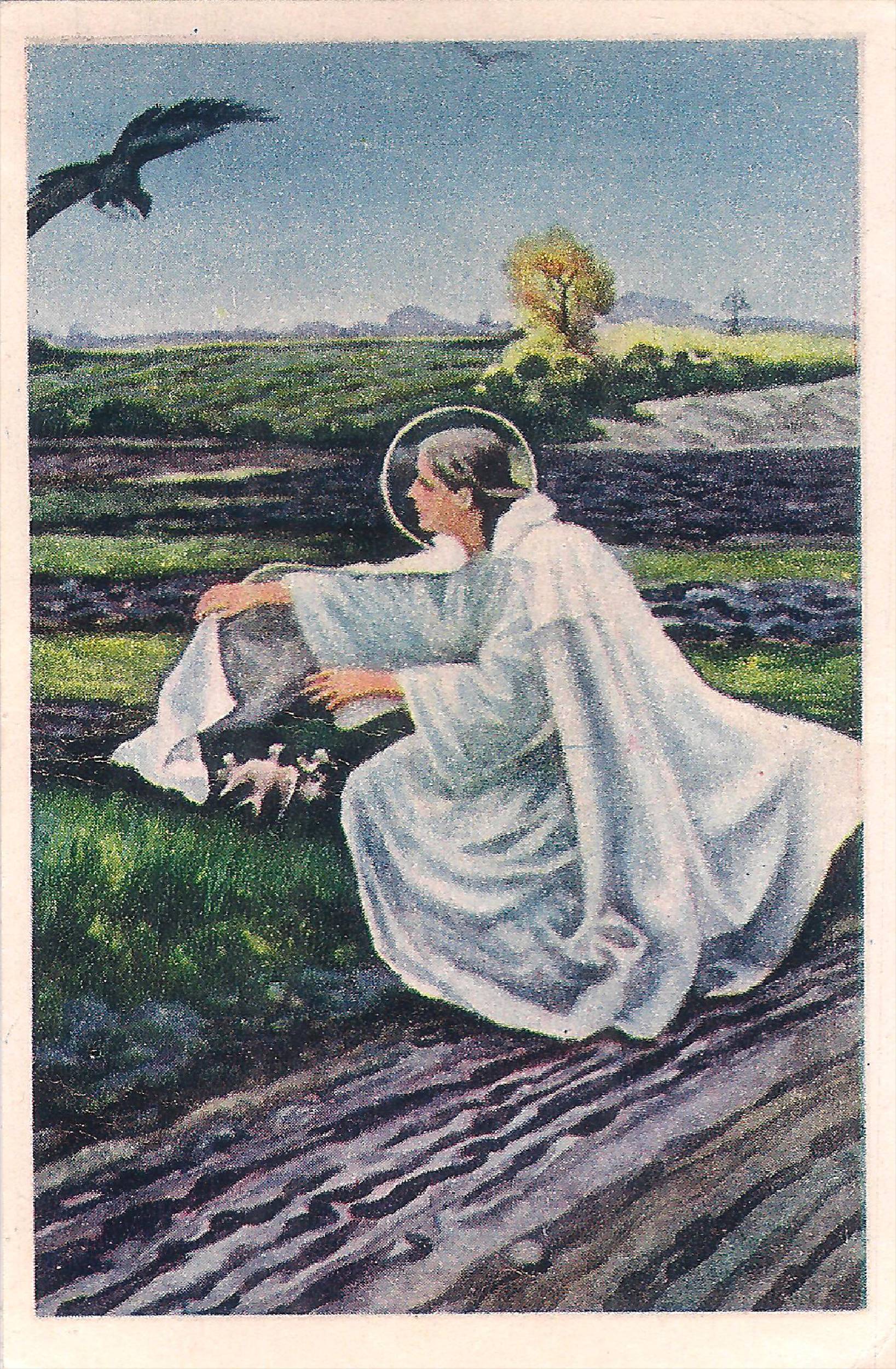 Osoba w białej szacie klęczy na ścieżce, trzymając chleb, w pobliżu są świnie. Ptak przelatuje nad głową, a w tle widać drzewa.