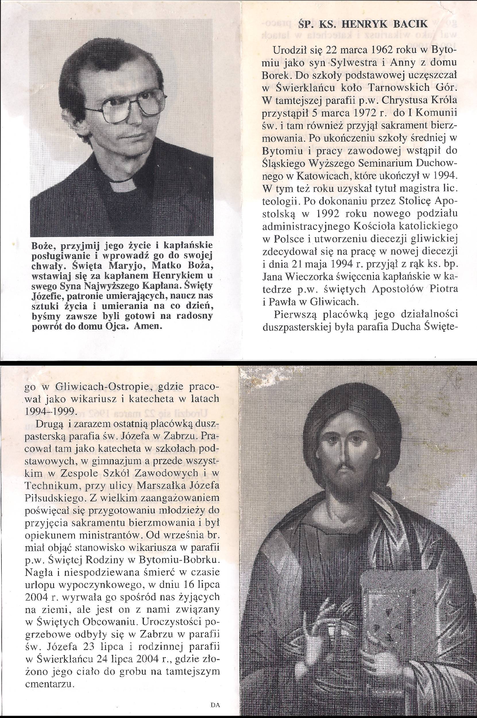 Dwustronicowy tekst z portretem księdza na lewej stronie i ikoną Chrystusa na prawej stronie. Tekst opisuje życie i pracę księdza.
