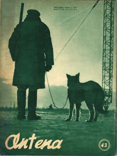 Okładka magazynu Antena z mężczyzną i psem na smyczy.