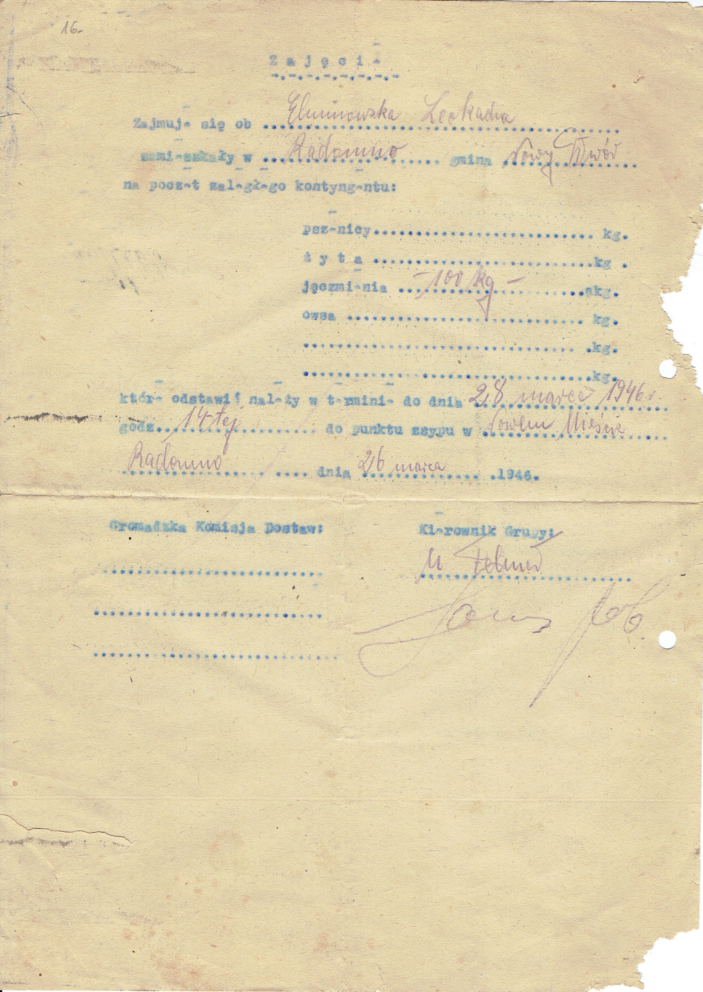Maszynopis dokumentu w języku polskim z 1946 r. z odręcznymi adnotacjami. Tekst zawiera pola na nazwiska, adresy i daty, a także widoczne ślady zużycia i starzenia.