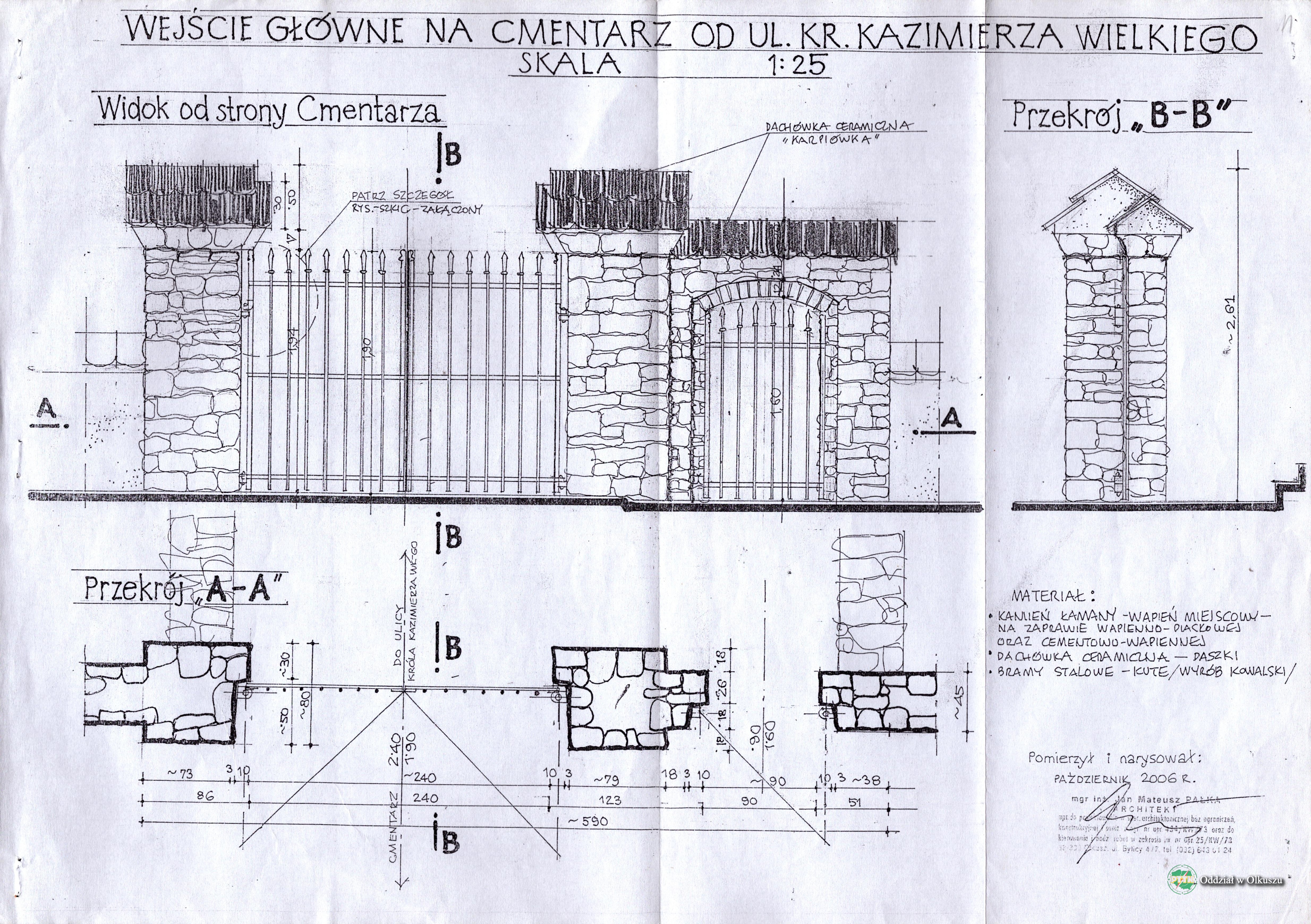 Rysunek architektoniczny wejścia na cmentarz, przedstawiający szczegółowo konstrukcje kamienne, bramy żelazne i przekroje z wymiarami i materiałami w języku polskim.