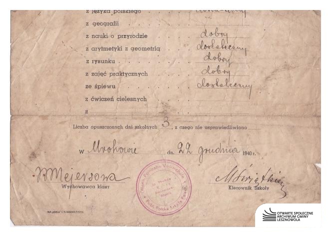 Stare, zniszczone świadectwo szkolne napisane po polsku, datowane na 28 grudnia 1901 r., z ręcznie wypisanymi ocenami i podpisami u dołu.