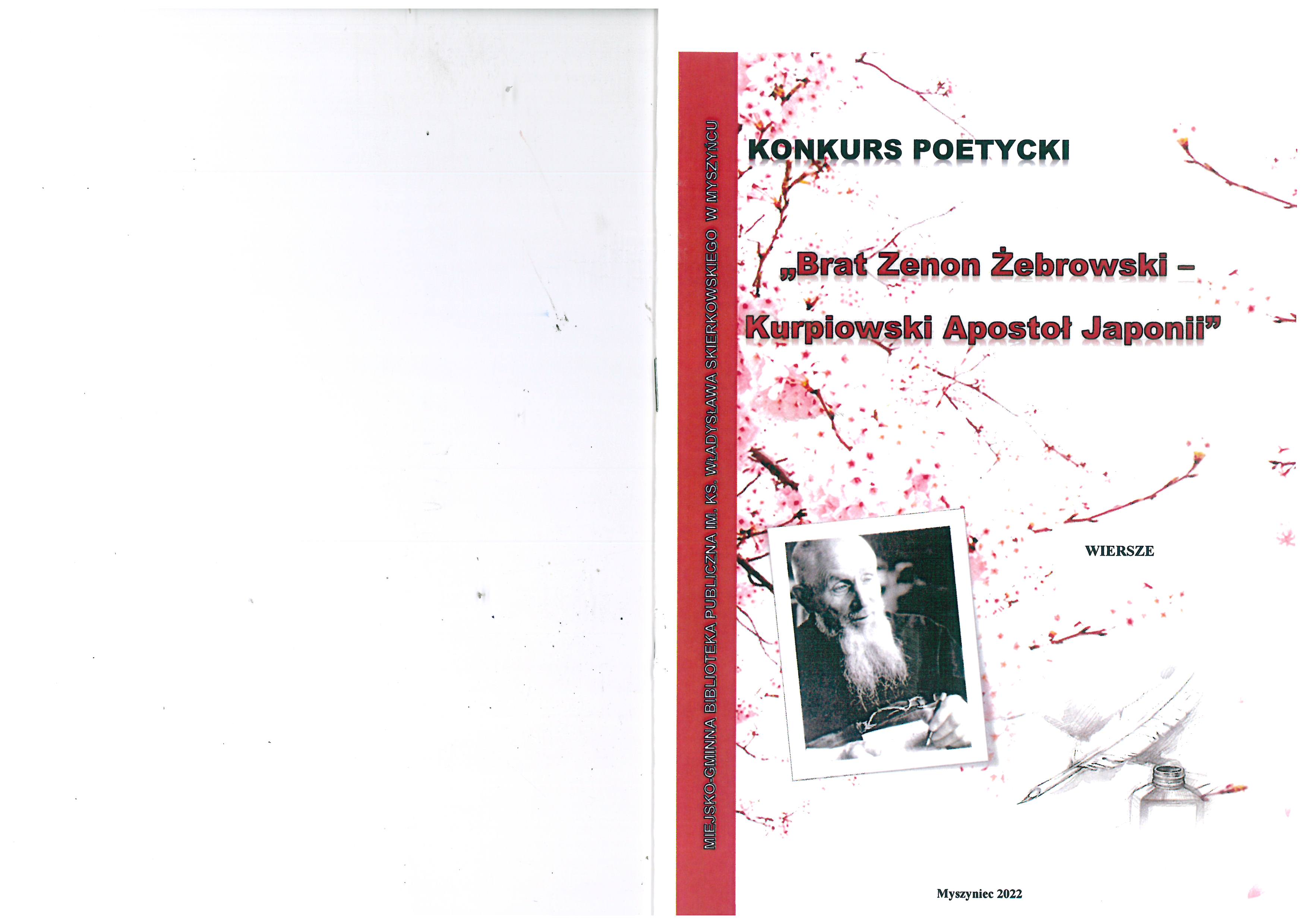 Okładka broszury konkursu poetyckiego zatytułowana „Brat Zenon Żebrowski – Kurpiowski Apostoł Japonii” z czarno-białym zdjęciem brodatego mężczyzny i różowymi akcentami kwiatowymi.
