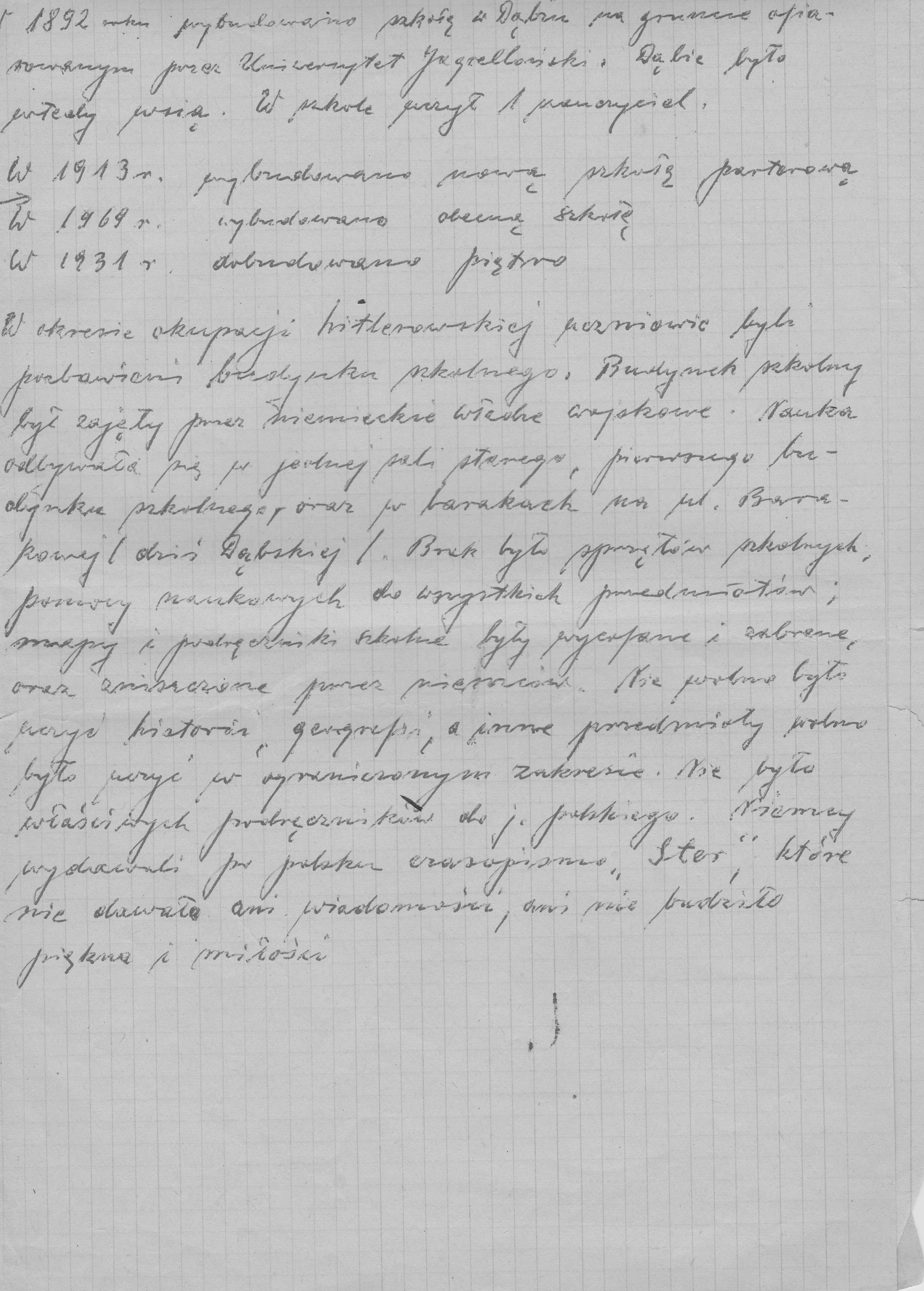 Odręczny tekst w języku polskim na papierze w linie, zawierający wiele akapitów i dat, z lekkim pochyleniem pisma i bez widocznych ilustracji lub ozdób.
