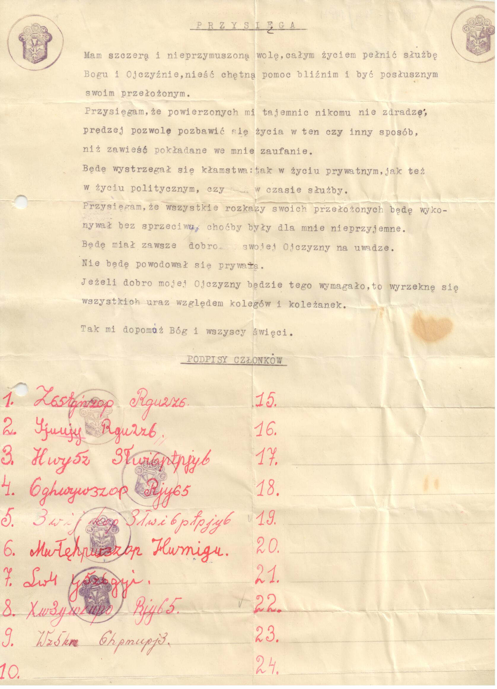 Stary dokument z ręcznie napisanym tekstem w języku polskim, z wieloma podpisami u dołu, kilkoma czerwonymi pieczątkami i starą fakturą papieru.
