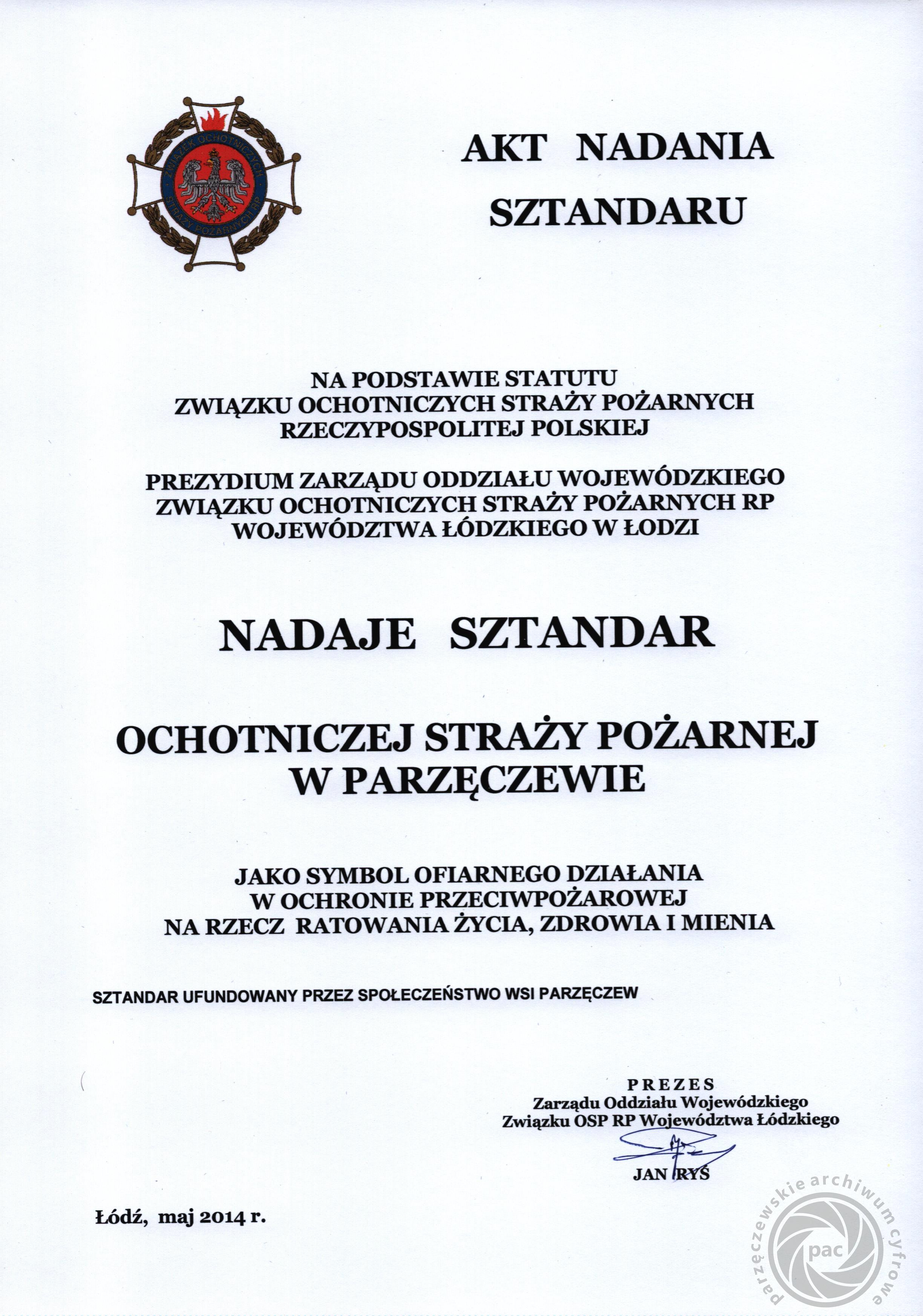 Certyfikat z napisem nadaz standardada.