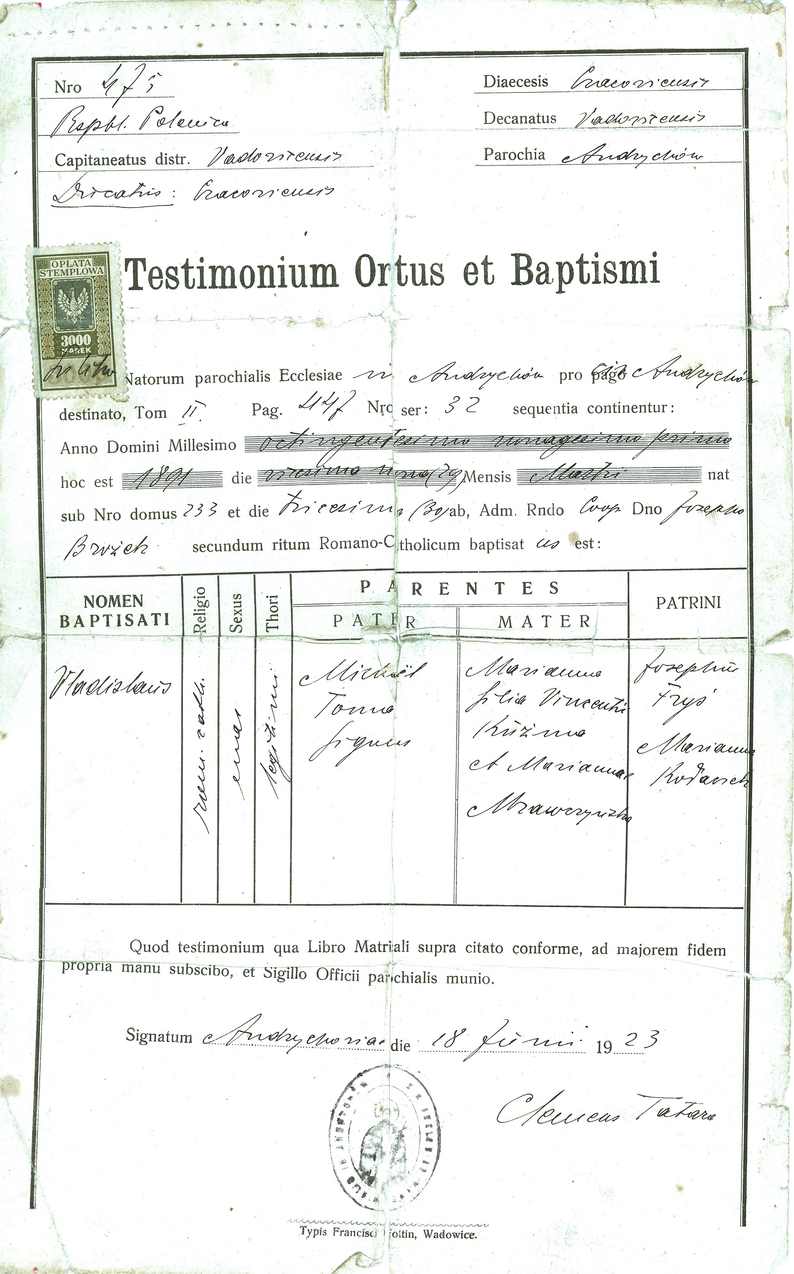 Zeskanowany dokument zatytułowany „Testimonium Ortus et Baptismi” z ręcznie napisanymi wpisami dotyczącymi szczegółów urodzenia i chrztu, zawierającymi imiona, daty i podpisy z 1925 r.